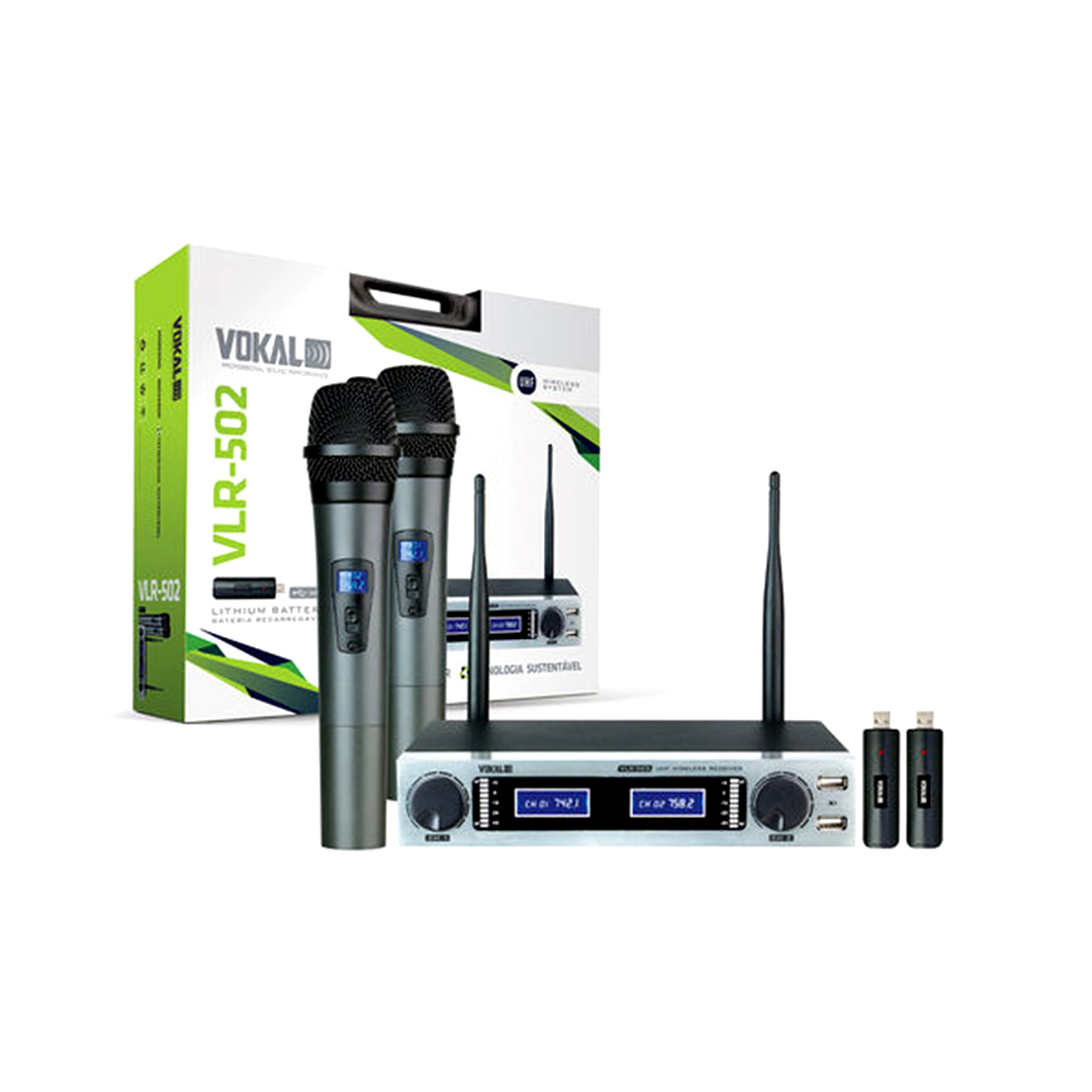 Microfone de Mão Duplo Sem Fio UHF Digital Vokal VLR502